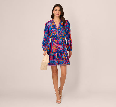 Long Sleeve Retro Printed A Line Dress In Blue Multi