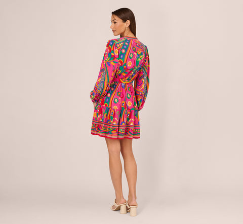 Long Sleeve Retro Printed A Line Dress In Pink Multi