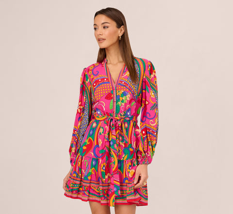 Long Sleeve Retro Printed A Line Dress In Pink Multi