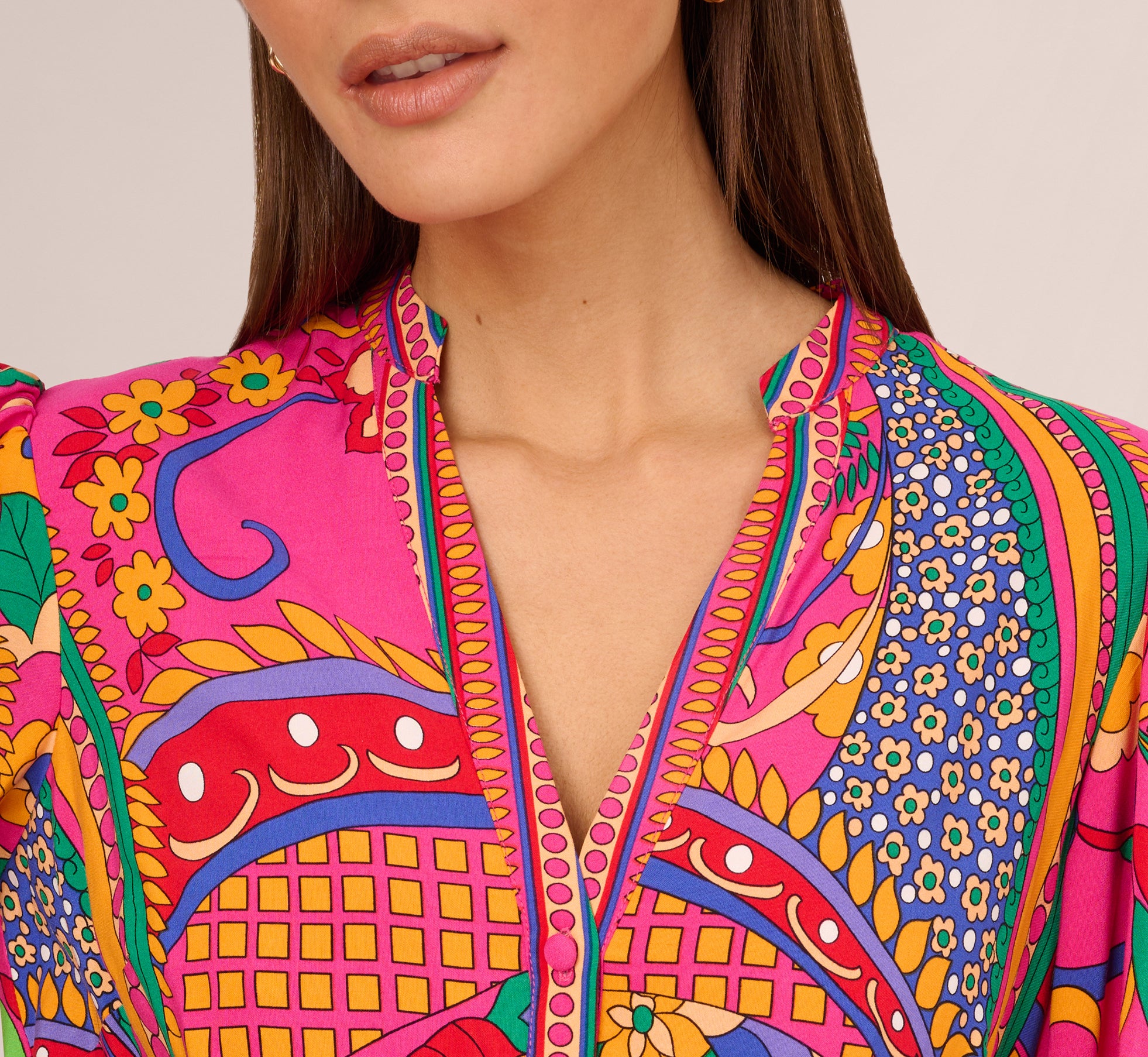 Long Sleeve Retro Printed A Line Dress In Pink Multi Adrianna Papell