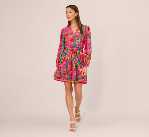 Long Sleeve Retro Printed A Line Dress In Pink Multi