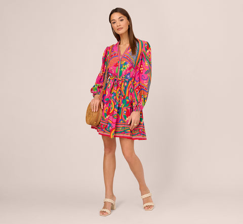 Long Sleeve Retro Printed A Line Dress In Pink Multi