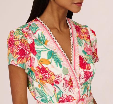 Bright Floral Print Button Up Romper With Belted Waist In Pink-Green Multi