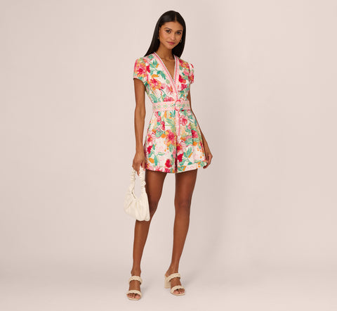 Bright Floral Print Button Up Romper With Belted Waist In Pink-Green Multi