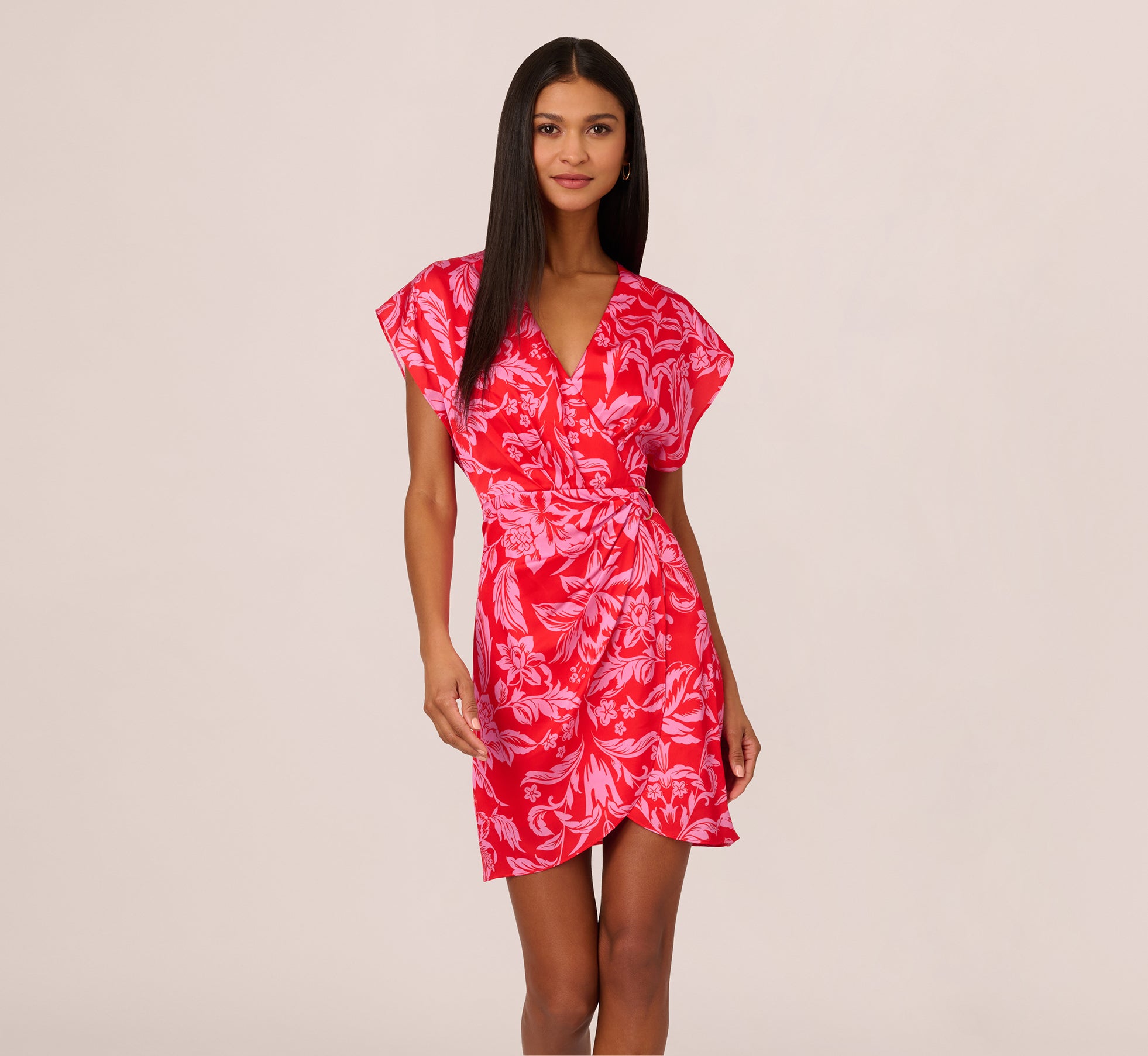 Floral Satin Faux Wrap Dress With Dolman Sleeves In Red Pink 1