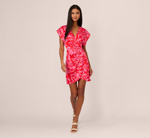 Floral Satin Faux Wrap Dress With Dolman Sleeves In Red Pink