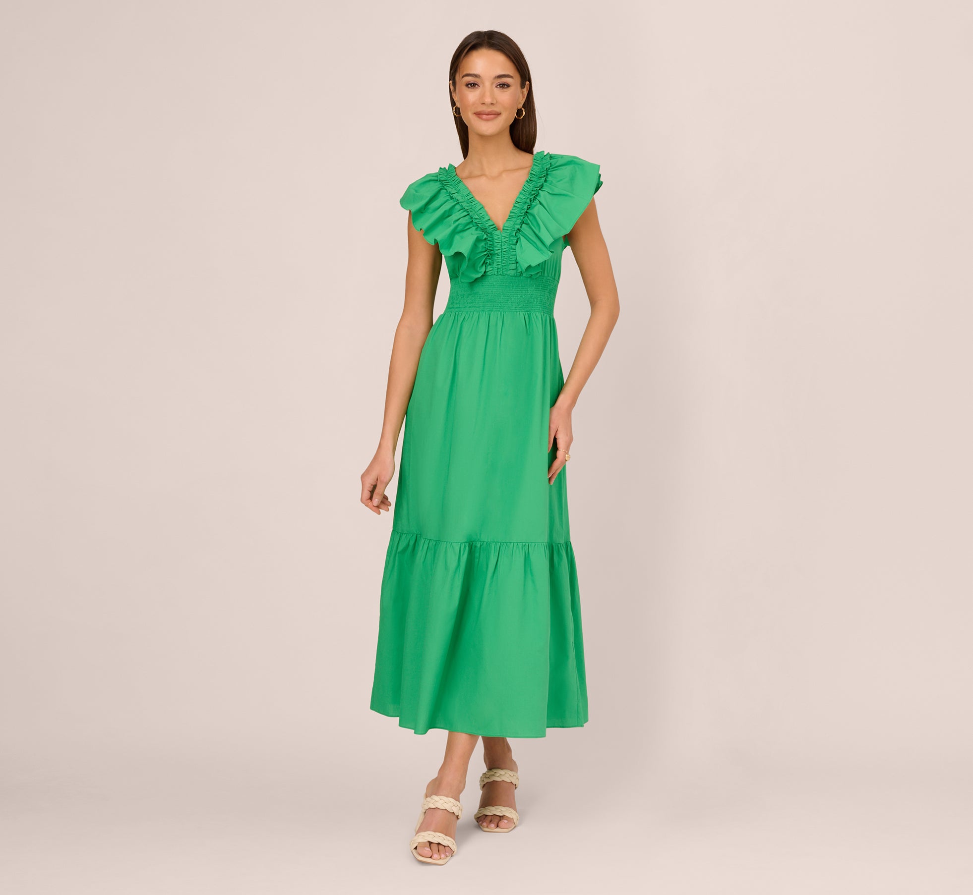 Ruffled Maxi Dress With Shirred Details In Green Adrianna Papell