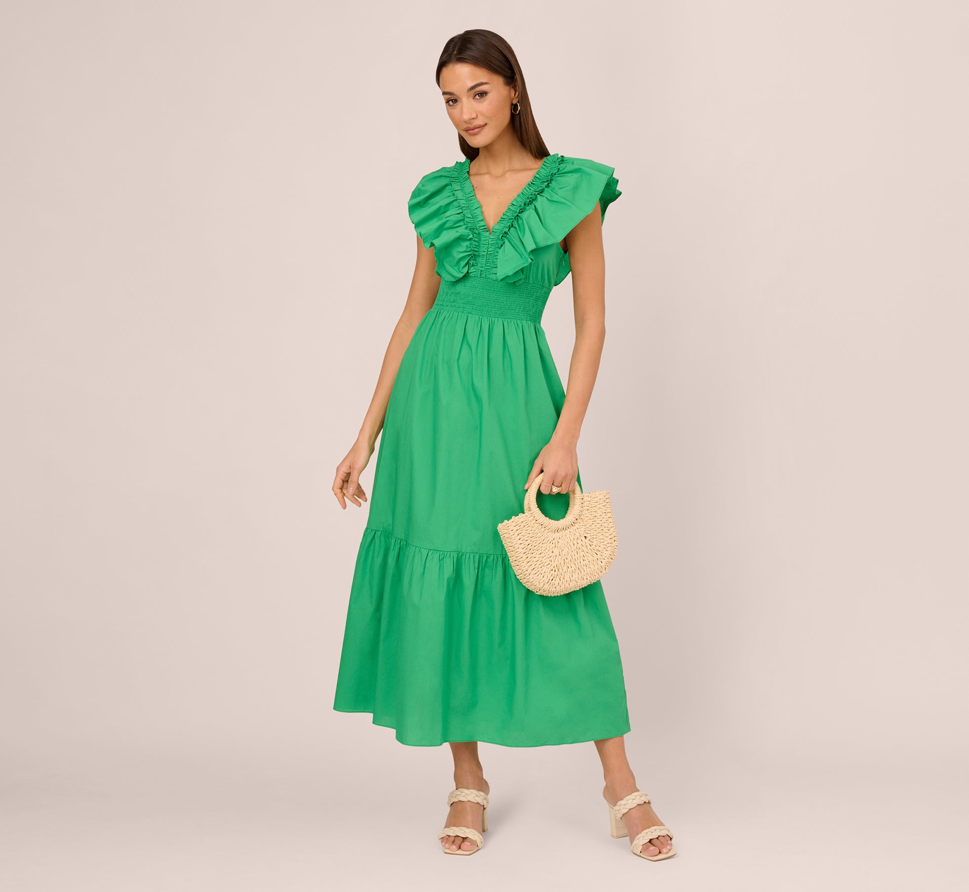 Ruffled Maxi Dress With Shirred Details In Green Adrianna Papell