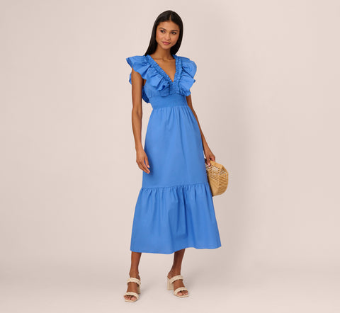 Ruffled Maxi Dress With Shirred Details In Cool Water