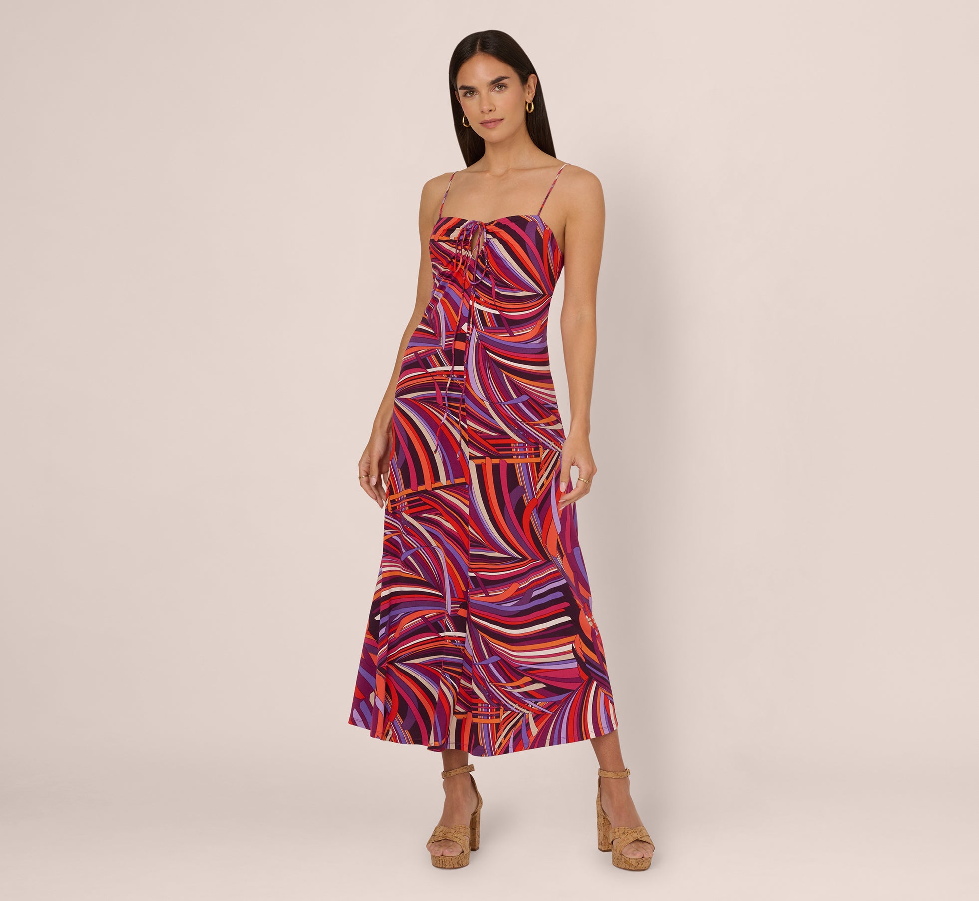 Retro Print Jersey Maxi Dress Tie Front Keyhole Neckline In Purple Multi 1