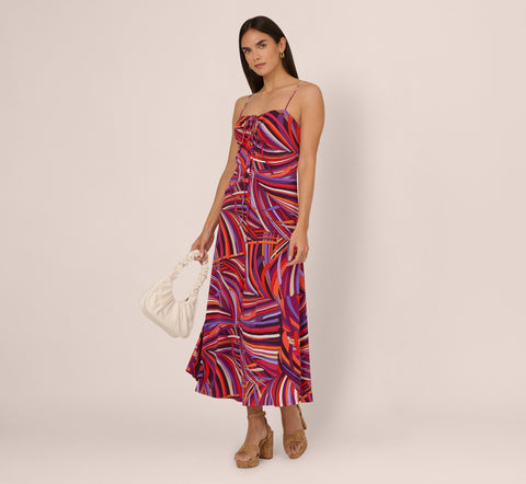 Retro Print Jersey Maxi Dress Tie Front Keyhole Neckline In Purple Multi