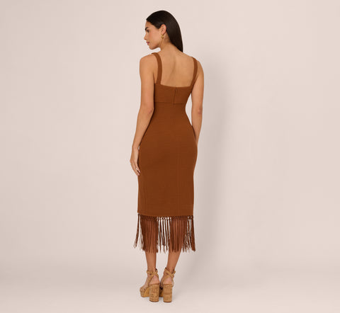 Fringe Trim Midi Dress With Keyhole Cutout Bust In Light Brown