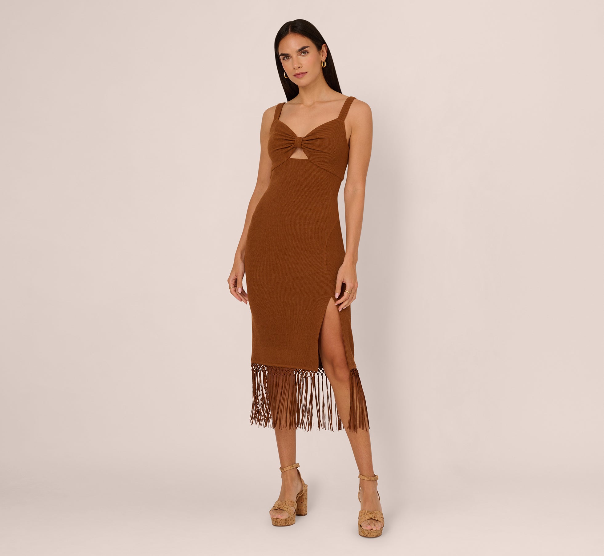 Fringe Trim Midi Dress With Keyhole Cutout Bust In Light Brown 1