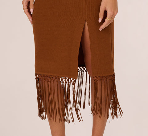 Fringe Trim Midi Dress With Keyhole Cutout Bust In Light Brown