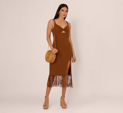 Fringe Trim Midi Dress With Keyhole Cutout Bust In Light Brown