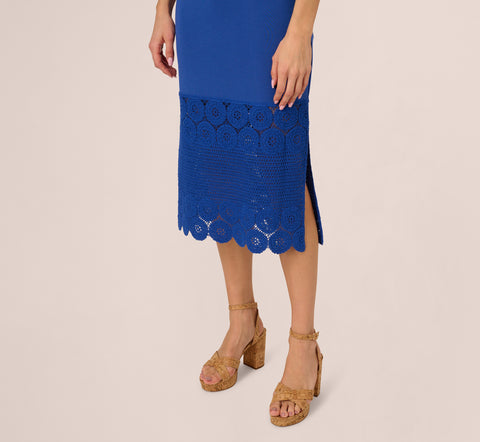 Crochet Trimmed Sheath Midi Dress With Tank Straps In Cobalt