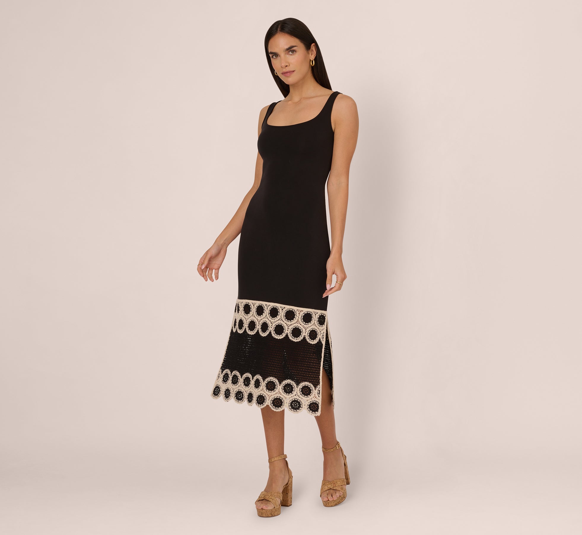 Crochet Trimmed Sheath Midi Dress With Tank Straps In Black Ecru 1