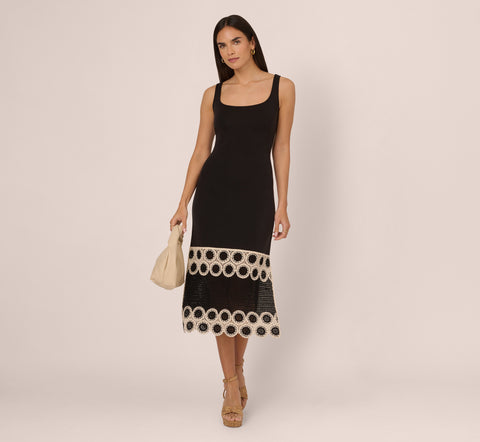 Crochet Trimmed Sheath Midi Dress With Tank Straps In Black Ecru