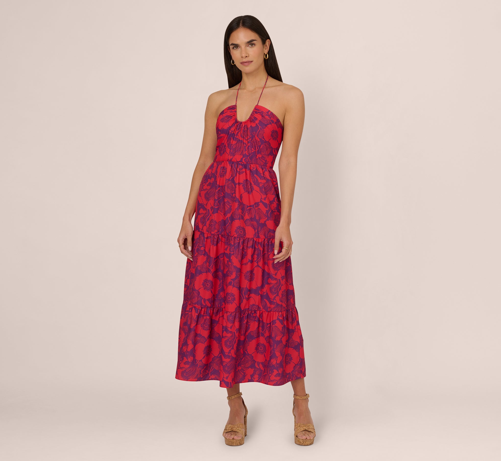 Abstract Flower Print Maxi Dress With Halter Neckline In Purple Red 1