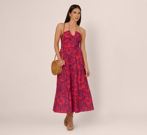 Abstract Flower Print Maxi Dress With Halter Neckline In Purple Red