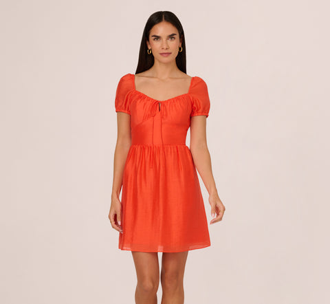 Shirred Fit And Flare Dress With Puff Short Sleeves In Orange Spice
