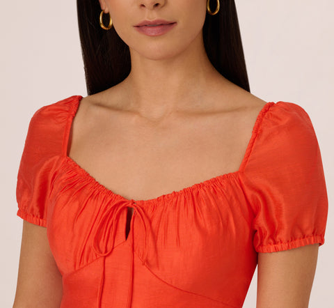 Shirred Fit And Flare Dress With Puff Short Sleeves In Orange Spice