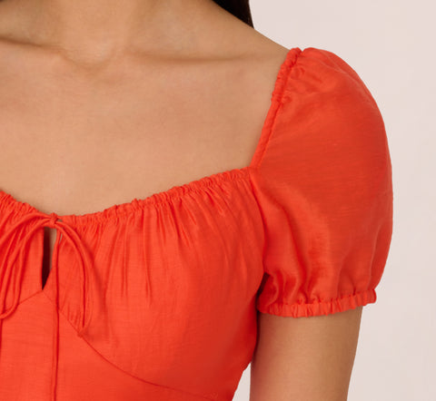 Shirred Fit And Flare Dress With Puff Short Sleeves In Orange Spice