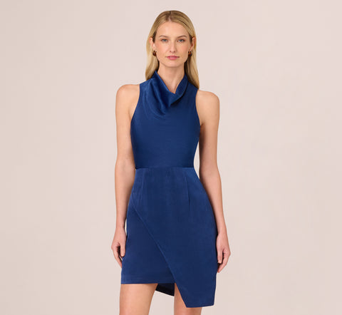 Satin Sleeveless Asymmetric Dress With Draped Neckline In Navy