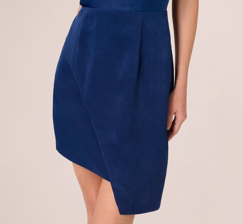 Satin Sleeveless Asymmetric Dress With Draped Neckline In Navy