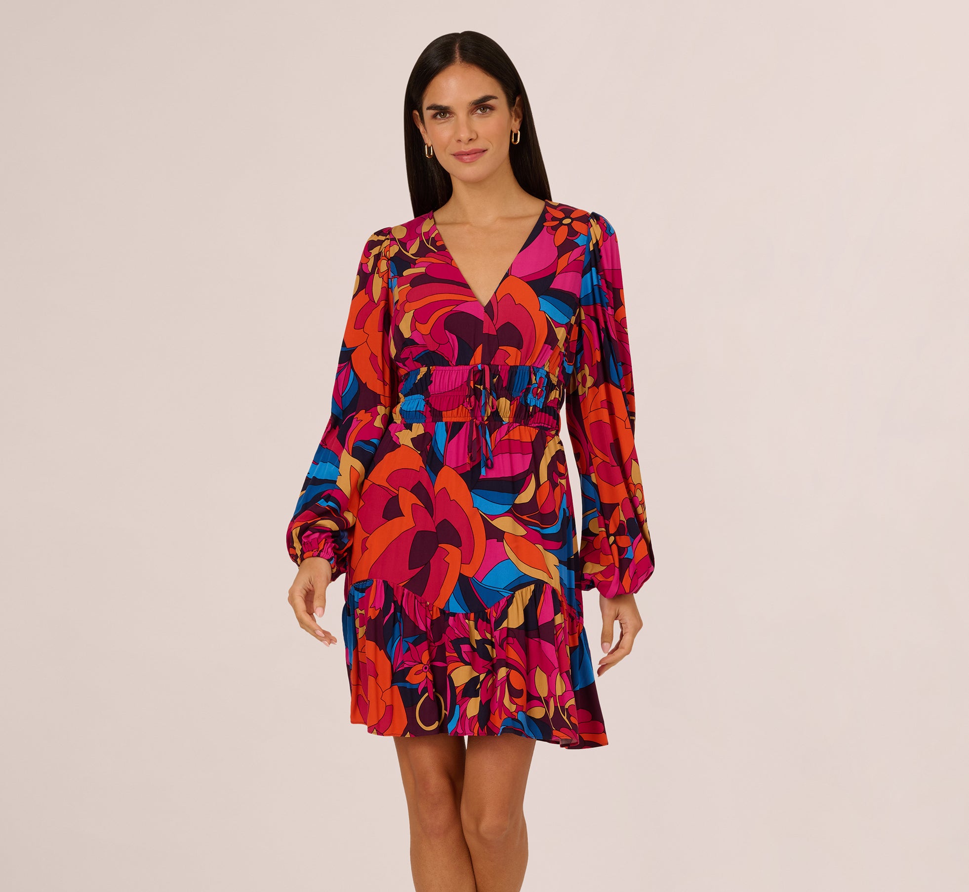 Retro Floral Print Shirred Dress With Long Bishop Sleeves In Berry Multi 1