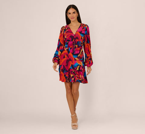 Retro Floral Print Shirred Dress With Long Bishop Sleeves In Berry Multi