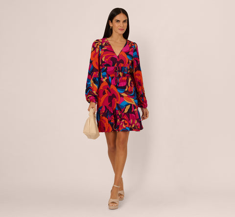 Retro Floral Print Shirred Dress With Long Bishop Sleeves In Berry Multi