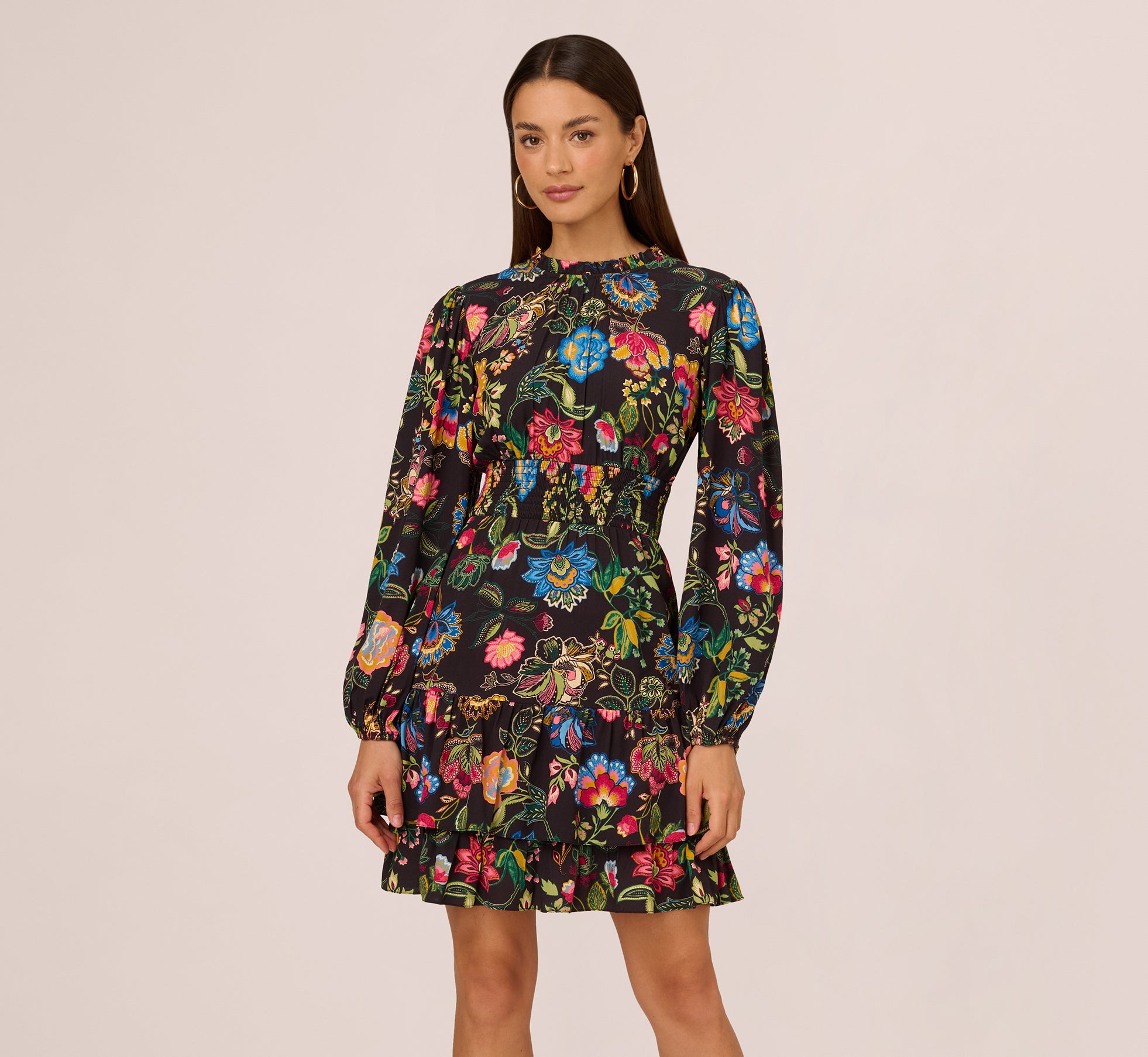 Floral Print Dress With Long Bishop Sleeves In Black Multi 1