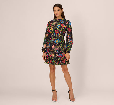 Floral Print Dress With Long Bishop Sleeves In Black Multi