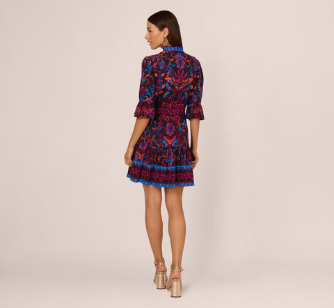 Abstract Print Button Down Dress With Three Quarter Bell Sleeves In Brown Multi