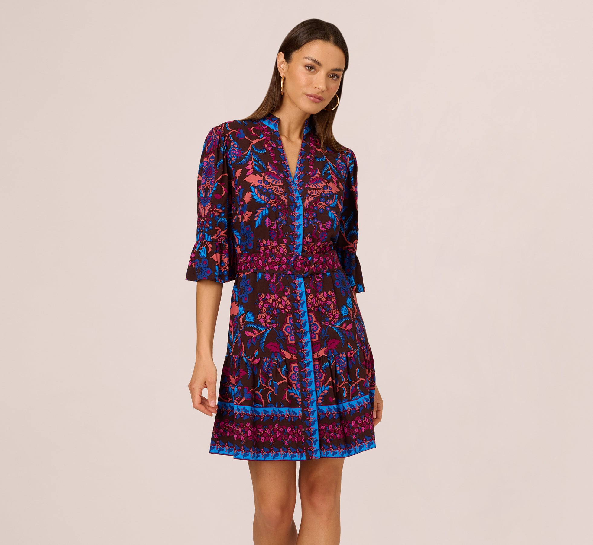 Abstract Print Button Down Dress With Three Quarter Bell Sleeves In Brown Multi 1