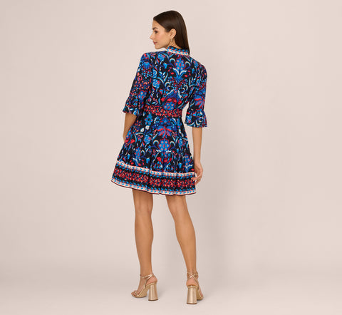 Abstract Print Button Down Dress With Three Quarter Bell Sleeves In Navy Multi