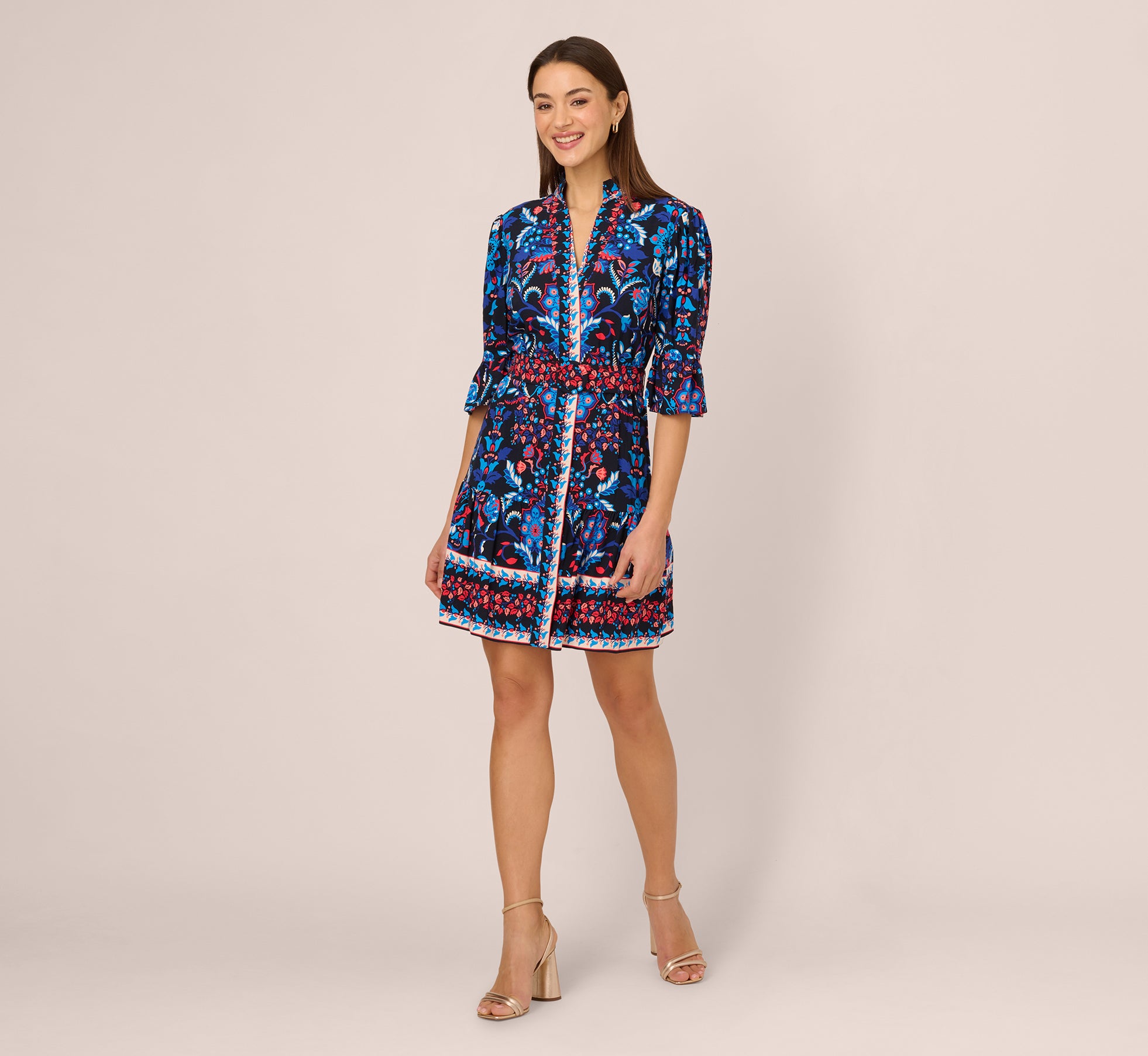 Abstract Print Button Down Dress With Three Quarter Bell Sleeves In Navy Multi 1