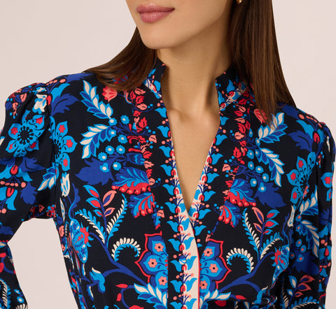 Abstract Print Button Down Dress With Three Quarter Bell Sleeves In Navy Multi