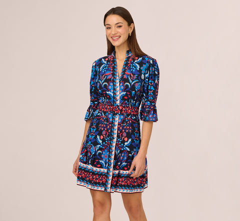 Abstract Print Button Down Dress With Three Quarter Bell Sleeves In Navy Multi