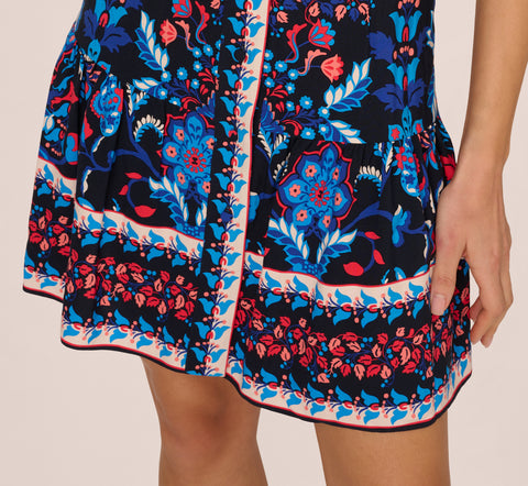 Abstract Print Button Down Dress With Three Quarter Bell Sleeves In Navy Multi