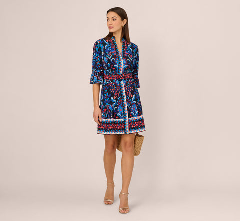 Abstract Print Button Down Dress With Three Quarter Bell Sleeves In Navy Multi