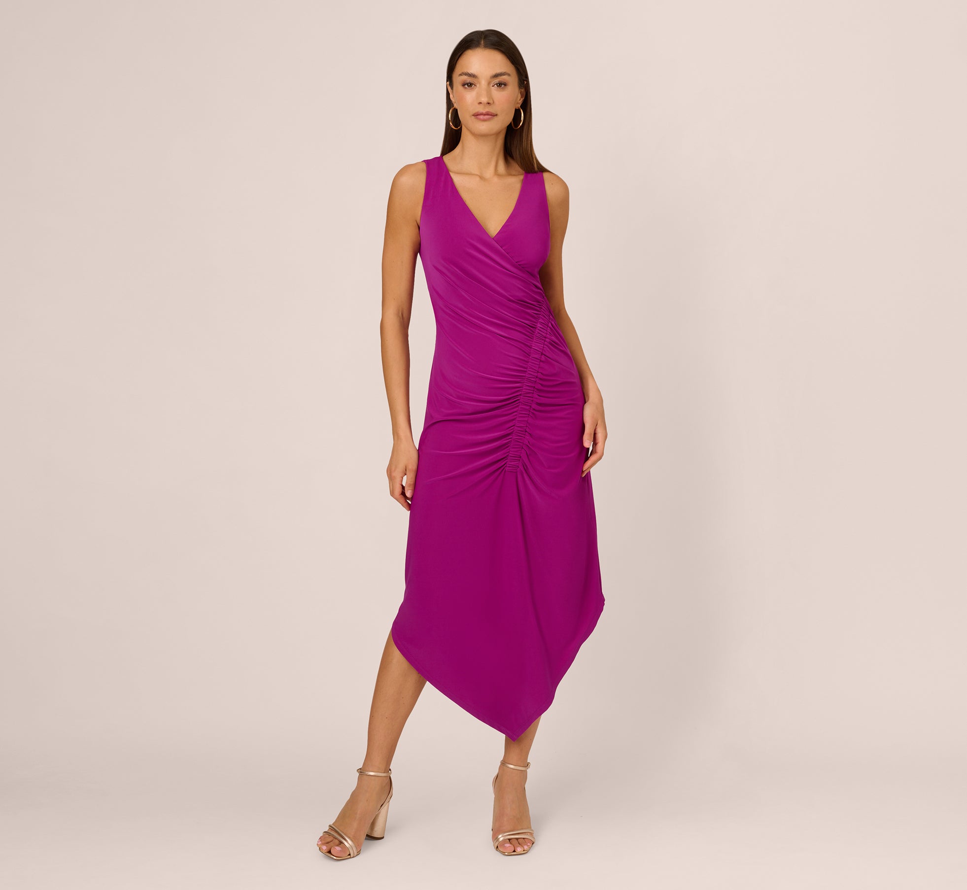 Sleeveless Shirred Jersey Midi Dress With Asymmetrical Hem In Wild Magenta 1