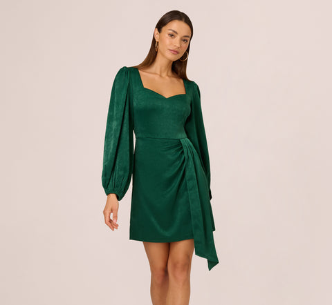 Long Sleeve Satin Dress With Draped Details In Dark Ivy