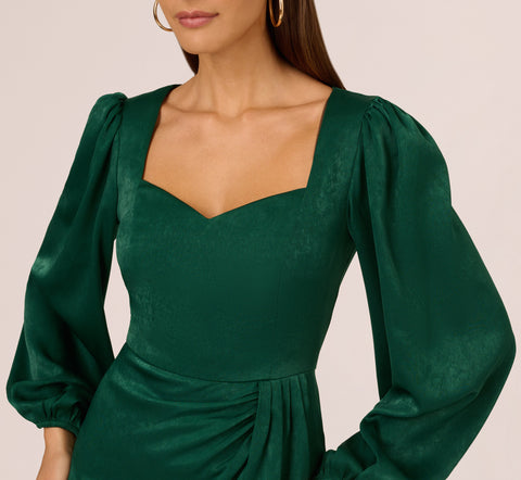 Long Sleeve Satin Dress With Draped Details In Dark Ivy