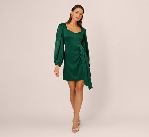 Long Sleeve Satin Dress With Draped Details In Dark Ivy