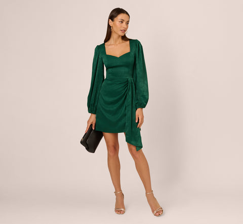 Long Sleeve Satin Dress With Draped Details In Dark Ivy