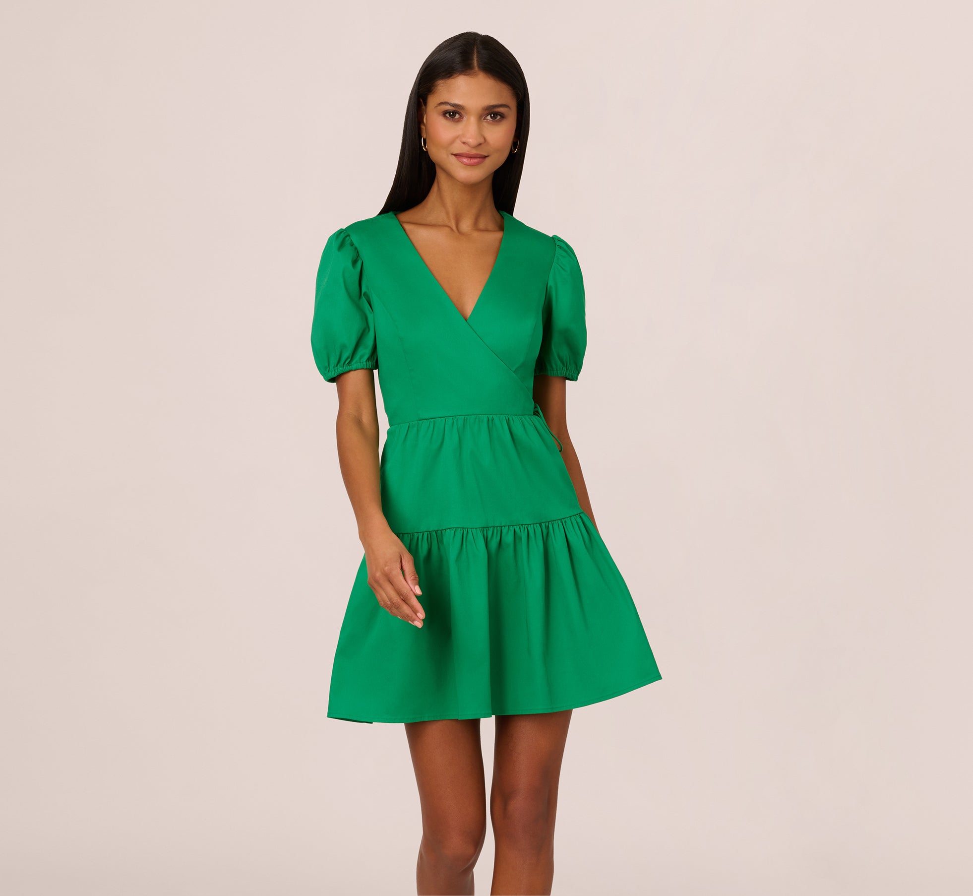 Puff Short Sleeve Dress With Tiered Skirt In Green 1