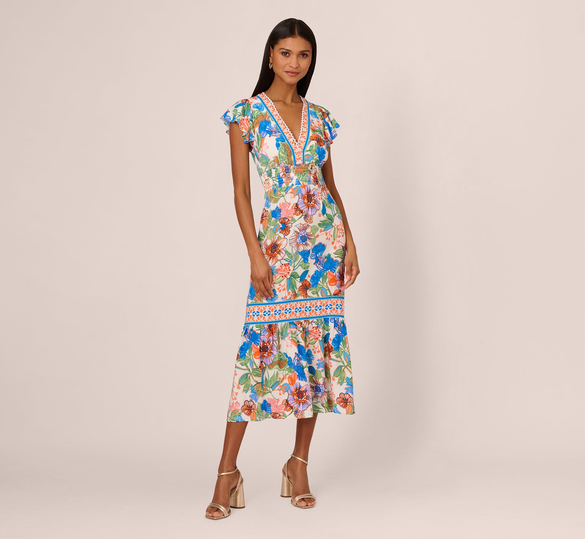 Bright Floral Print Midi Dress With Flutter Sleeves In Blue Green