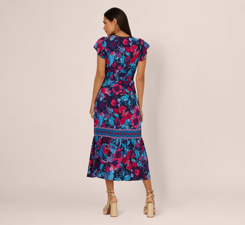 Bright Floral Print Midi Dress With Flutter Sleeves In Navy Pink Multi